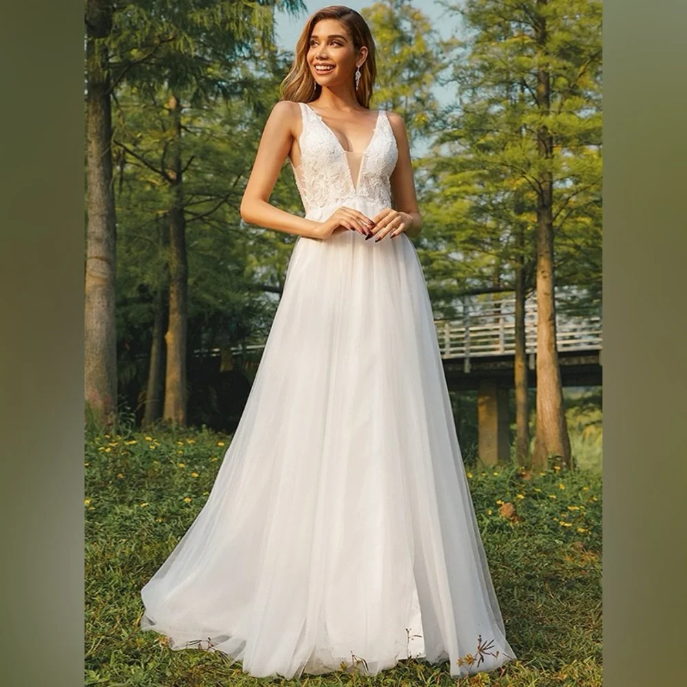 Hebeos White Nude A-line Appliqué Tulle Illusion Princess Wedding Gown - Picture 1 of 16